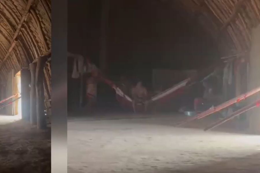 Interior of a Yawalapiti community structure in the Amazon